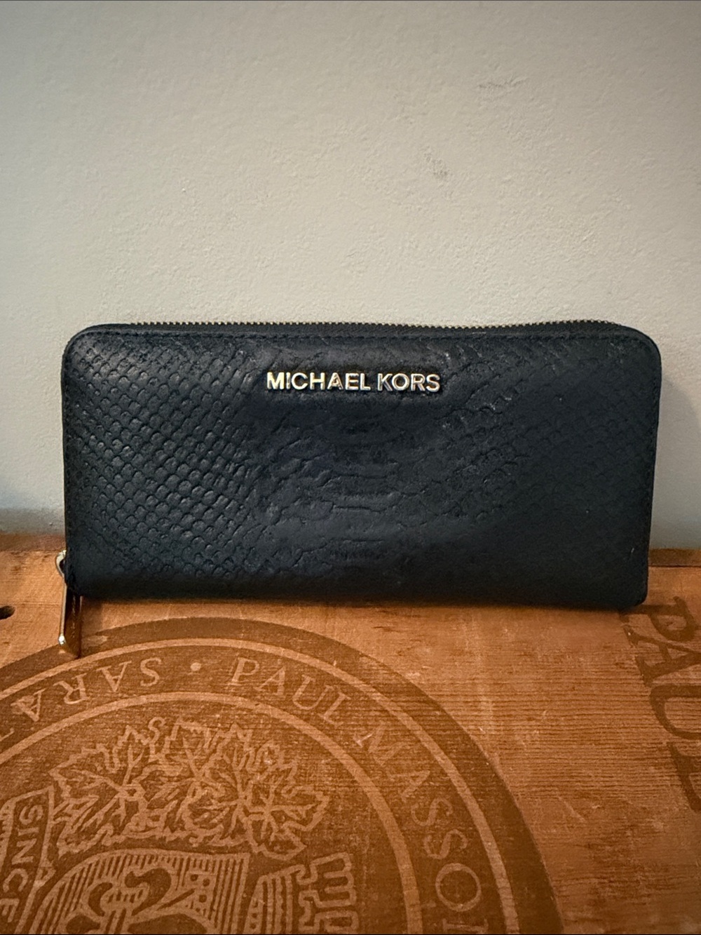 Michael Kors Black Textured Zip Wallet with Gold Logo